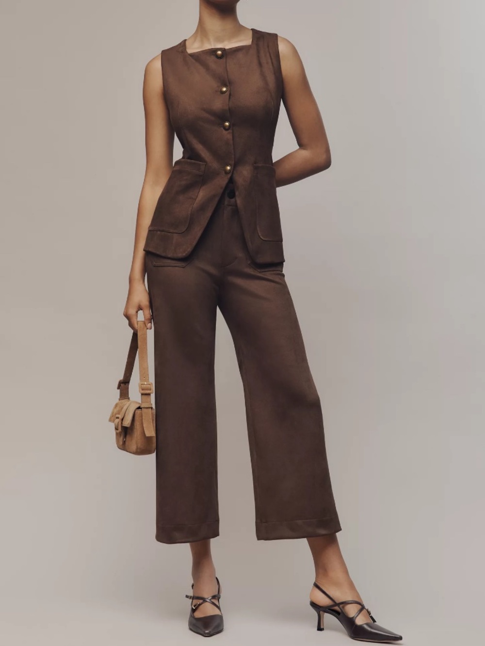 Anthropologie Maeve Colette Faux-Suede High-Rise Wide-Leg Cropped Pants BARK